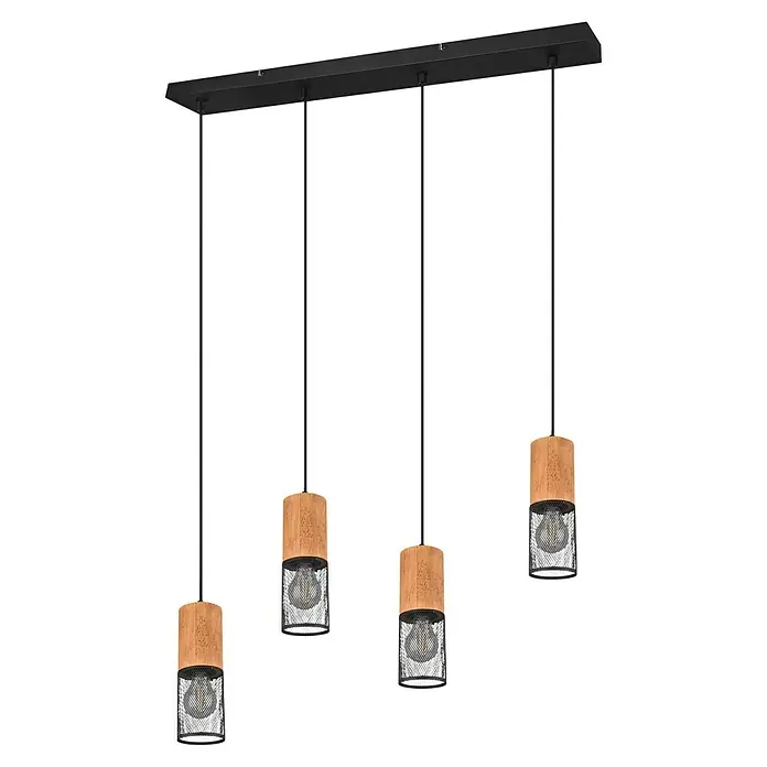 Trio Lighting Tosh Lámpara colgante redonda - 160 W, Ø x Al: 9 x 150 cm, Negro, E27, 4 ud. - Esta lámpara colgante de cuatro luces presenta una pantalla de madera y alambre, que ofrece un aspecto moderno e industrial.