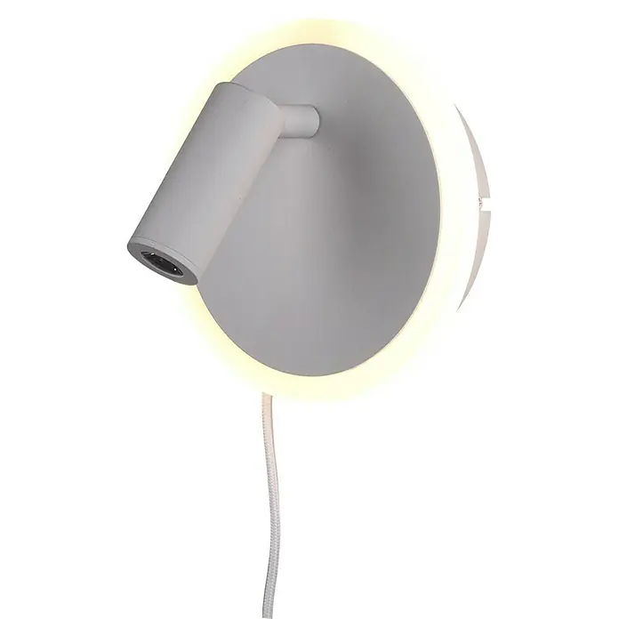 Trio Lighting Aplique de pared LED redondo Jordan - 7 W, Blanco, Blanco cálido - Primer plano de una lámpara de pared LED blanca con luz de fondo redonda y brazo de lectura flexible.