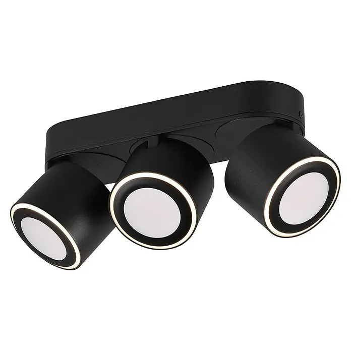 Trio Leuchten LED-Deckenstrahler Taurus - 15 W, Schwarz, Warmweiß, 3 Stk. - Nahaufnahme einer schwarzen Deckenleuchte mit drei Strahlern, die mit einem hellen, kreisförmigen Lichteffekt versehen sind.