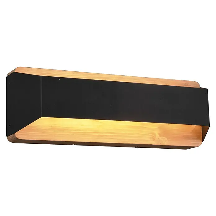 Trio Lighting Aplique de pared LED Arino - 13 W, L x An x Al: 10 x 35 x 12 cm, Madera, Negro, Blanco cálido - Un aplique rectangular con marco de madera y detalle de metal negro que emite una luz cálida.