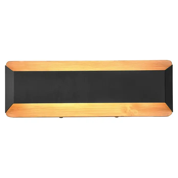 Trio Lighting Aplique de pared LED Arino - 13 W, L x An x Al: 10 x 35 x 12 cm, Madera, Negro, Blanco cálido - Vista superior de una bandeja rectangular de madera con inserto negro, ideal para presentar alimentos y bebidas con estilo.