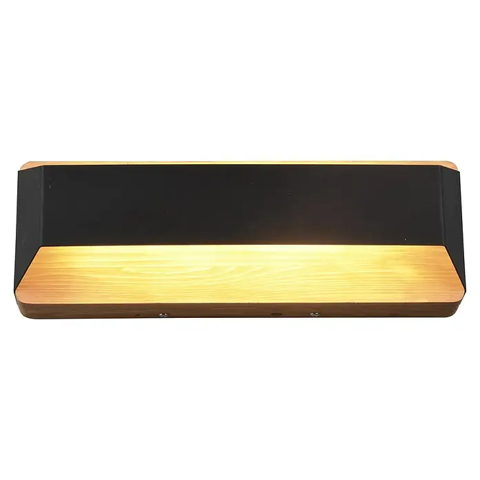 Trio Lighting Aplique de pared LED Arino - 13 W, L x An x Al: 10 x 35 x 12 cm, Madera, Negro, Blanco cálido - Elegante aplique de pared con detalles de madera y fondo negro, que irradia un brillo cálido y acogedor. Perfecto para interiores modernos.