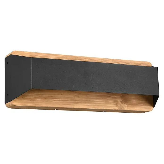 Trio Lighting Aplique de pared LED Arino - 13 W, L x An x Al: 10 x 35 x 12 cm, Madera, Negro, Blanco cálido - Detalle de una estantería de pared de madera clara con detalles en metal oscuro, que muestra un diseño moderno y materiales naturales.