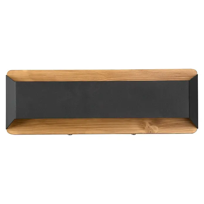 Trio Lighting Aplique de pared LED Arino - 13 W, L x An x Al: 10 x 35 x 12 cm, Madera, Negro, Blanco cálido - Primer plano de una elegante estantería de metal negro con detalles de madera, que muestra un elemento de diseño moderno pero cálido.