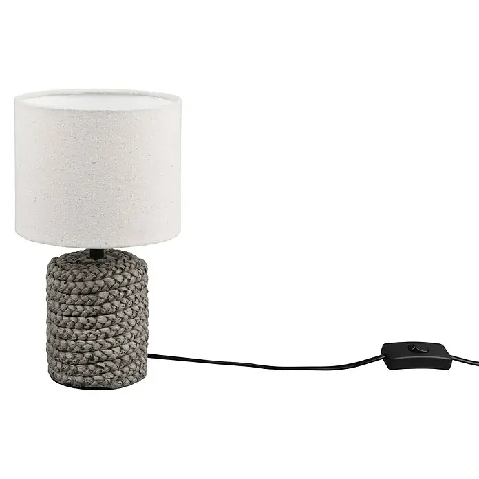 Trio Lighting Lámpara de sobremesa redonda Mala - 40 W, Ø x Al: 15 x 26 cm, Marrón, Natural, E14 - Lámpara de mesa con base tejida gris y pantalla blanca para un ambiente acogedor en la habitación.