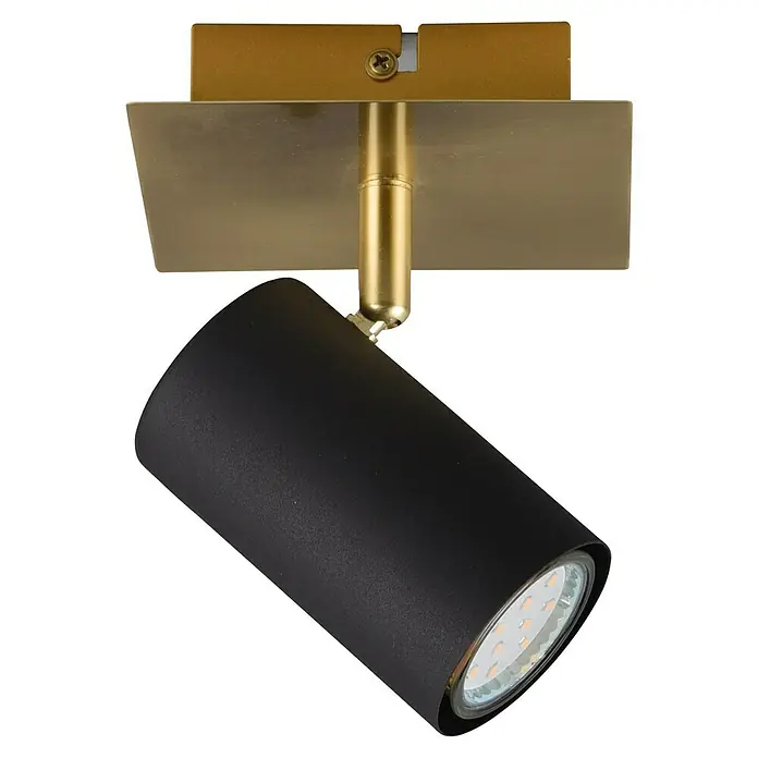 Trio Lighting Marley Foco de pared - 25 W, L x An x Al: 12 x 12 x 15 cm, Dorado/Negro, GU10 - Primer plano de un foco LED de techo negro con soporte dorado. Elegante y moderno para una iluminación con estilo.