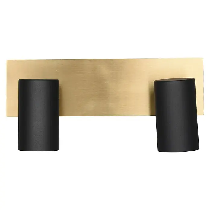 Trio Lighting Marley Regleta - 35 W, L x An x Al: 9 x 26 x 16 cm, Dorado/Negro, GU10, 2 ud. - Primer plano de una lámpara de pared moderna con placa posterior dorada y dos brazos de luz cilíndricos negros. Diseño elegante para interiores con estilo.