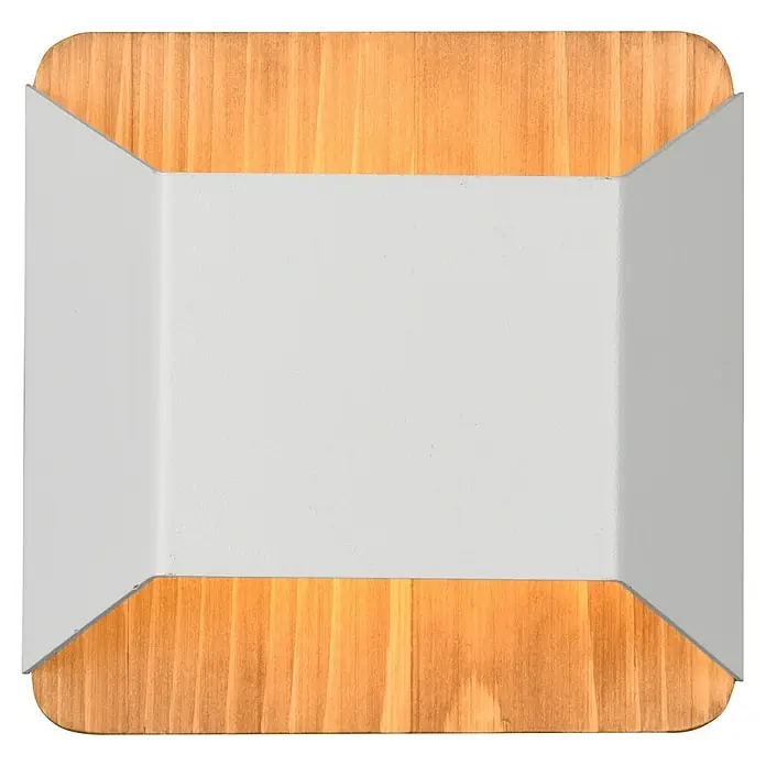 Trio Lighting Aplique de pared LED Arino - 4 W, L x An x Al: 10 x 12,2 x 12 cm, Madera, Blanco, Blanco cálido - Primer plano de una bandeja blanca colocada sobre una superficie de madera.
