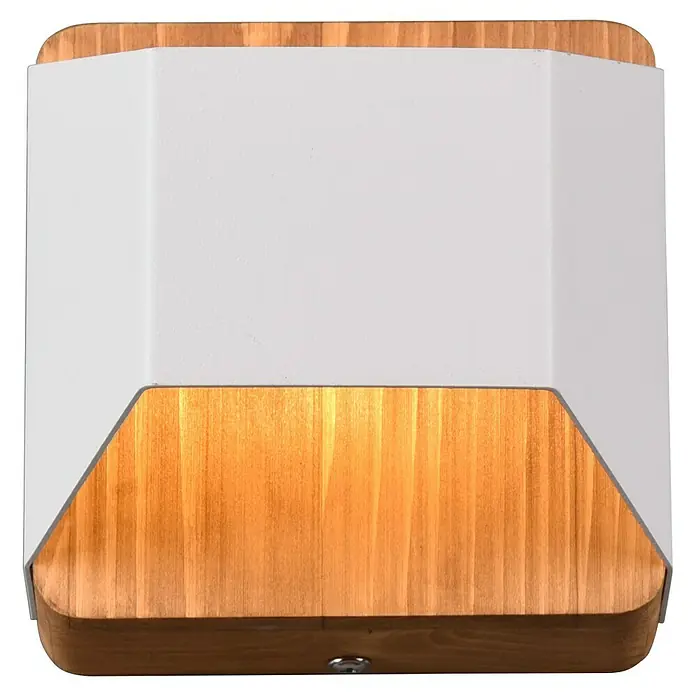 Trio Lighting Aplique de pared LED Arino - 4 W, L x An x Al: 10 x 12,2 x 12 cm, Madera, Blanco, Blanco cálido - Lámpara de pared moderna con pantalla blanca y detalles de madera, ideal para una iluminación interior cálida y elegante.