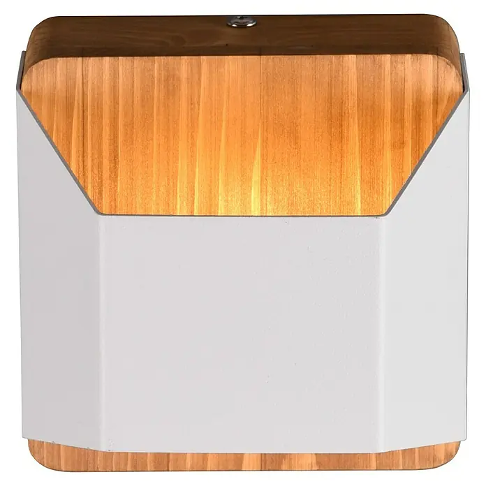 Trio Lighting Aplique de pared LED Arino - 4 W, L x An x Al: 10 x 12,2 x 12 cm, Madera, Blanco, Blanco cálido - Aplique de pared con detalles de madera y carcasa de metal blanca, un diseño moderno para interiores.
