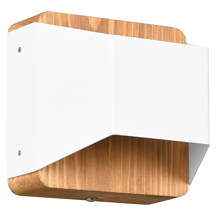 Trio Lighting Aplique de pared LED Arino - 4 W, L x An x Al: 10 x 12,2 x 12 cm, Madera, Blanco, Blanco cálido - Lámpara de pared moderna con base de madera y pantalla rectangular blanca, ideal para interiores elegantes.