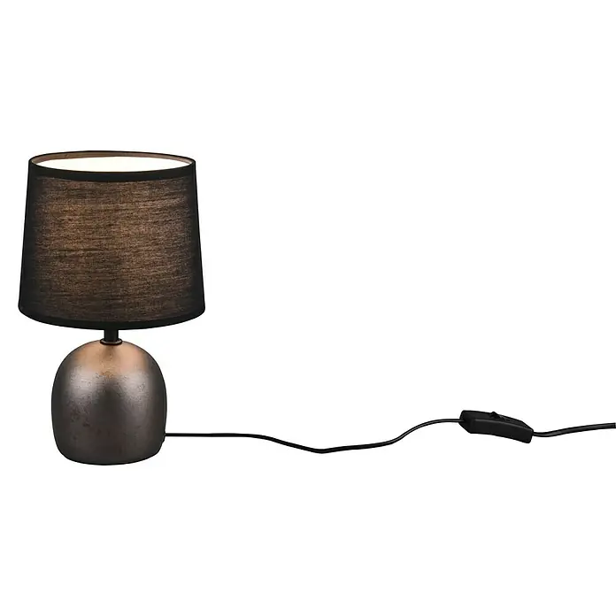 Trio Lighting Lámpara de sobremesa redonda Malu - 40 W, Ø x Al: 16 cm x 26 mm, Níquel antiguo, Negro, E14 - Elegante lámpara de mesa con base de bronce y pantalla negra, que irradia una luz cálida y acogedora.