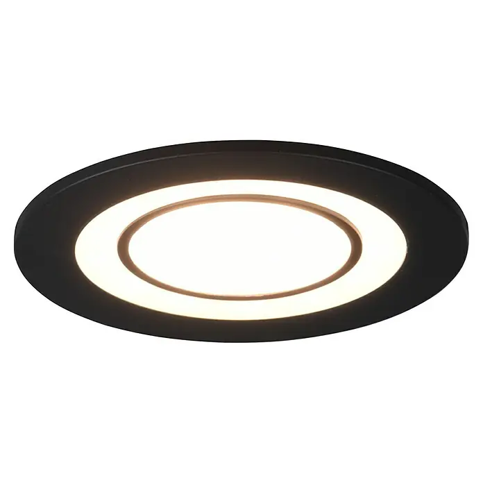 Trio Lighting Downlight empotrable LED redondo Core - 5 W, Ø x Al: 8,2 x 3,5 cm, Negro, Blanco cálido - Primer plano de una lámpara de techo LED redonda negra con luz blanca cálida, ideal para diseño interior moderno.