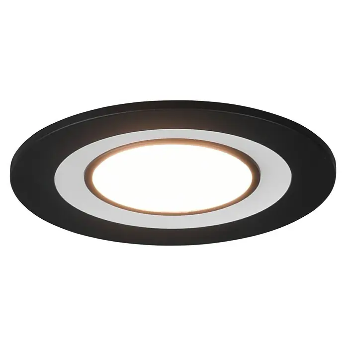 Trio Lighting Downlight empotrable LED redondo Core - 5 W, Ø x Al: 8,2 x 3,5 cm, Negro, Blanco cálido - Primer plano de una lámpara de techo LED negra con un anillo plateado, que emite una luz cálida y brillante.