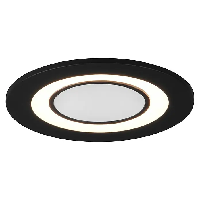 Trio Lighting Downlight empotrable LED redondo Core - 5 W, Ø x Al: 8,2 x 3,5 cm, Negro, Blanco cálido - Primer plano de una moderna lámpara de techo LED redonda con marco negro y luz blanca cálida. Crea un ambiente agradable.