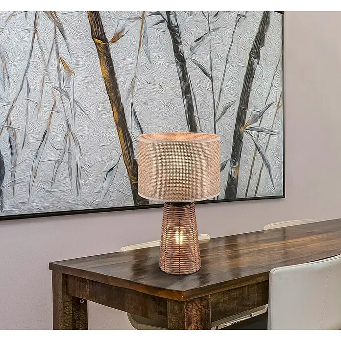 Trio Lighting Lámpara de sobremesa redonda Straw - 50 W, Ø x Al: 24 x 40 cm, Natural, E27 - Lámpara de mesa con base de mimbre y pantalla de yute que emite una luz cálida.