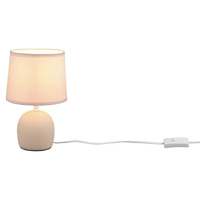 Trio Lighting Lámpara de sobremesa redonda Malu - 40 W, Ø x Al: 16 cm x 26 mm, Beige, Natural, E14 - Elegante lámpara de mesa con base de cerámica beige y pantalla blanca, que emite una luz cálida y acogedora. Ideal para mesitas de noche o auxiliares.