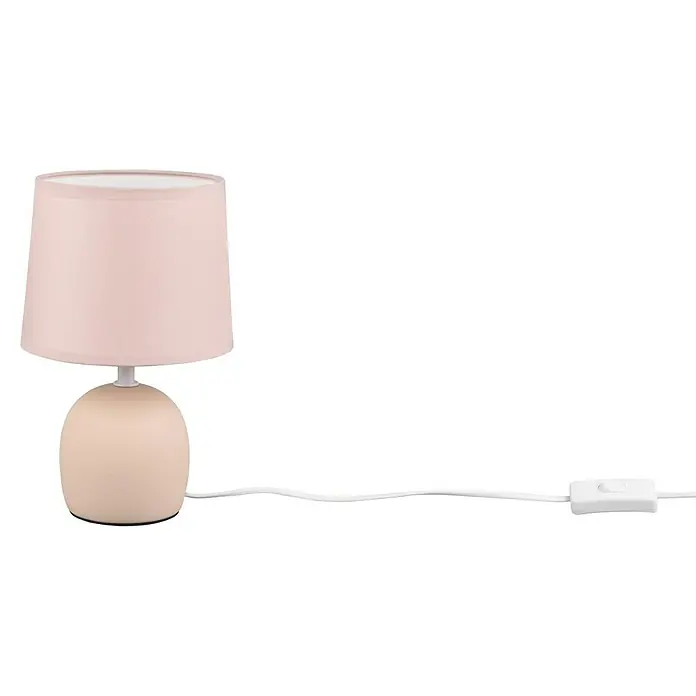 Trio Lighting Lámpara de sobremesa redonda Malu - 40 W, Ø x Al: 16 cm x 26 mm, Beige, Natural, E14 - Una pequeña lámpara de mesa con una pantalla rosa y una base beige en forma de bola para una iluminación acogedora.