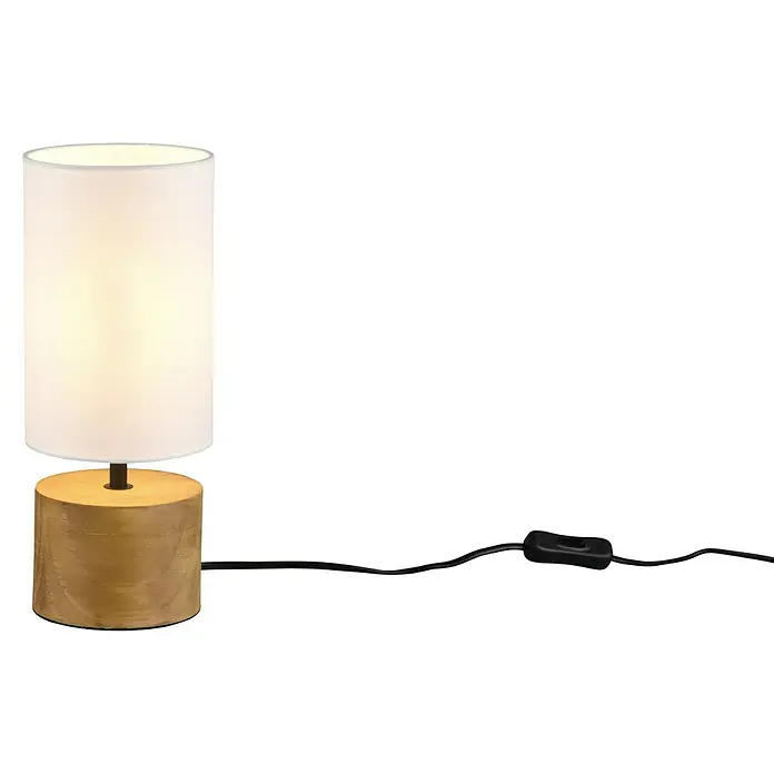Trio Lighting Lámpara de sobremesa redonda Woody - 40 W, Ø x Al: 12 x 30 cm, Blanco, E14 - Primer plano de una lámpara de mesa con pantalla cilíndrica y base de madera, sobre una superficie negra.