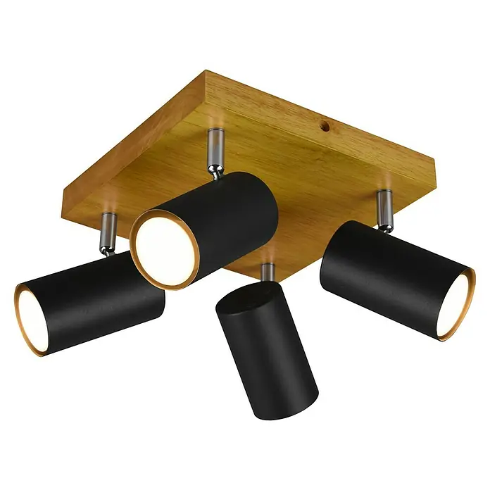 Trio Leuchten Marley Deckenstrahler - 140 W, L x B x H: 22 x 22 x 16 cm, Schwarz/Holz, GU10, 4 Stk. - Holzsockel-Deckenleuchte mit vier schwarzen Strahlern für modernes Design.