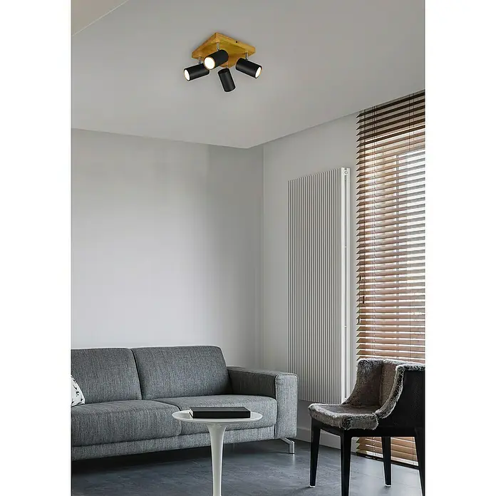 Trio Leuchten Marley Deckenstrahler - 140 W, L x B x H: 22 x 22 x 16 cm, Schwarz/Holz, GU10, 4 Stk. - Moderne Deckenleuchte mit fünf schwarzen Strahlern und Holzsockel. Ideal für stilvolle Beleuchtung im Wohnraum.