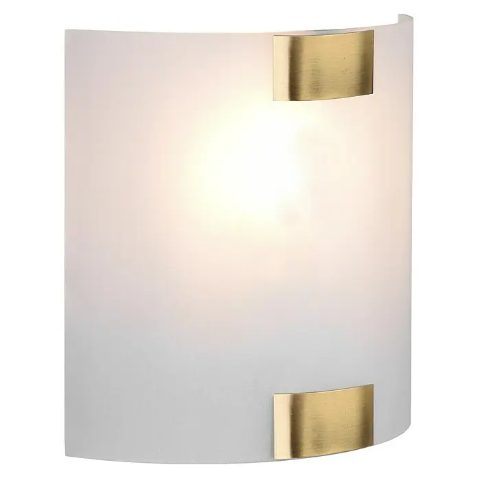 Trio Lighting Aplique de pared Pura - 25 W, L x An x Al: 7,5 x 20 x 20 cm, Dorado, E27 - Primer plano de una elegante lámpara de pared con una pantalla curva y esmerilada y detalles dorados, que irradia una luz cálida.