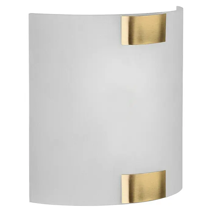 Trio Lighting Aplique de pared Pura - 25 W, L x An x Al: 7,5 x 20 x 20 cm, Dorado, E27 - Primer plano de un elegante aplique de pared con una pantalla curva de vidrio blanco y detalles dorados, creando un ambiente refinado.