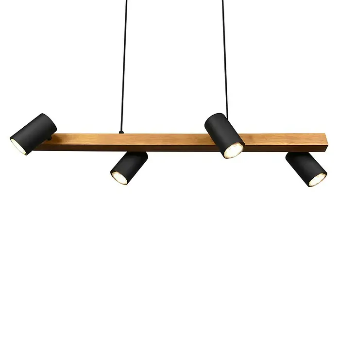 Trio Leuchten Marley Pendelleuchte - 140 W, L x B x H: 20 x 80 x 150 cm, Schwarz/Holz, GU10, Anzahl Leuchtmittel: 4 Stk. - Moderne Hängelampe mit fünf schwarzen Strahlern an einem Holzsockel, ideal für stilvolle Beleuchtung im Wohnbereich.