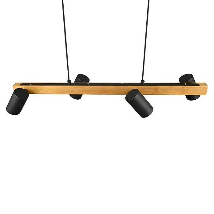 Trio Leuchten Marley Pendelleuchte - 140 W, L x B x H: 20 x 80 x 150 cm, Schwarz/Holz, GU10, Anzahl Leuchtmittel: 4 Stk. - Moderne Hängelampe mit Holzdetails und vier schwarzen Strahlern. Ideal für Esszimmer oder Wohnbereich, die eine besondere Beleuchtung wünschen.