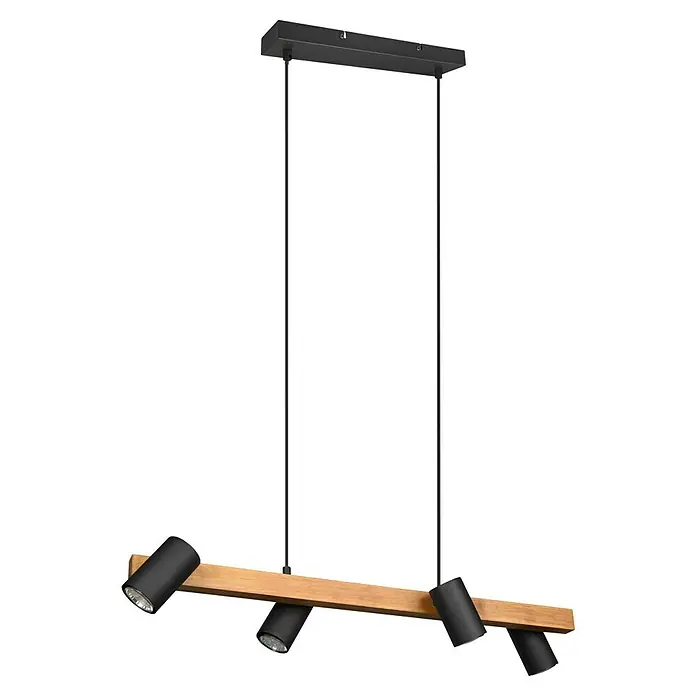 Trio Leuchten Marley Pendelleuchte - 140 W, L x B x H: 20 x 80 x 150 cm, Schwarz/Holz, GU10, Anzahl Leuchtmittel: 4 Stk. - Moderne Pendelleuchte mit vier schwarzen Strahlern an einem Holzsteg, ideal für stilvolle Innenraumbeleuchtung.