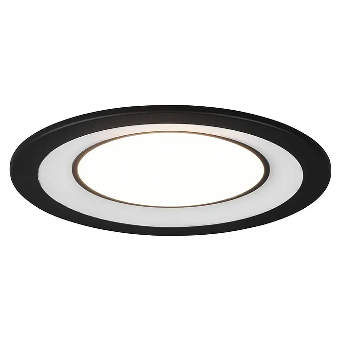 Trio Lighting Downlight empotrable LED redondo Core - 10 W, Ø x Al: 14 x 3 cm, Blanco cálido, 1 ud. - Una moderna lámpara de techo LED redonda con un marco negro y un área de luz blanca brillante en el centro.