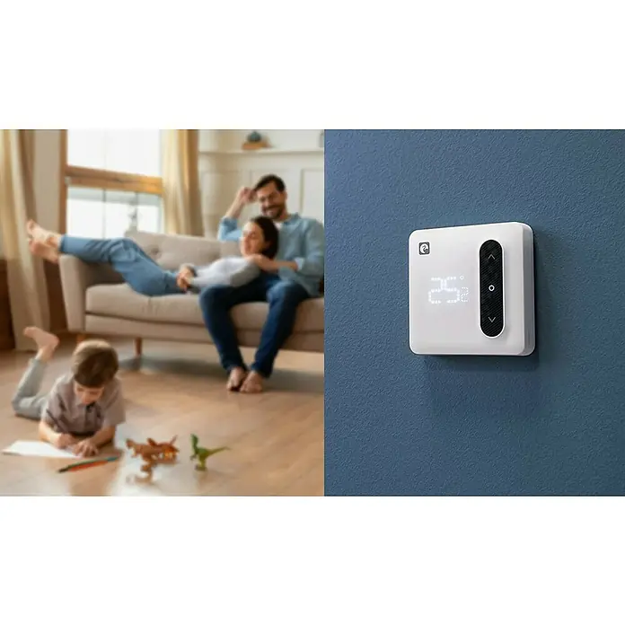 Garza Termostato inalámbrico Smart Aspen - Blanco - Termostato inteligente para controlar la temperatura en la casa, con una familia relajándose en el fondo.