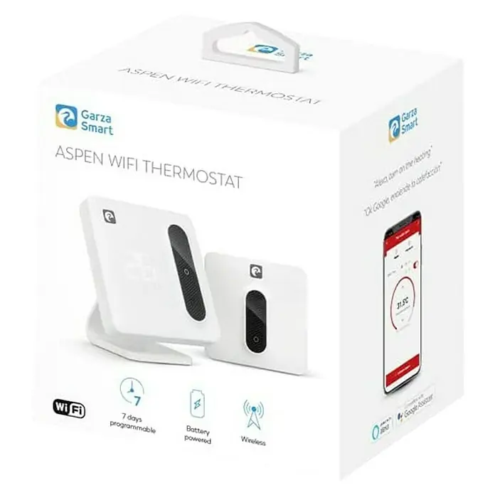 Garza Termostato inalámbrico Smart Aspen - Blanco - Embalaje del termostato Wi-Fi Garza Smart Aspen, mostrando el dispositivo y sus características.
