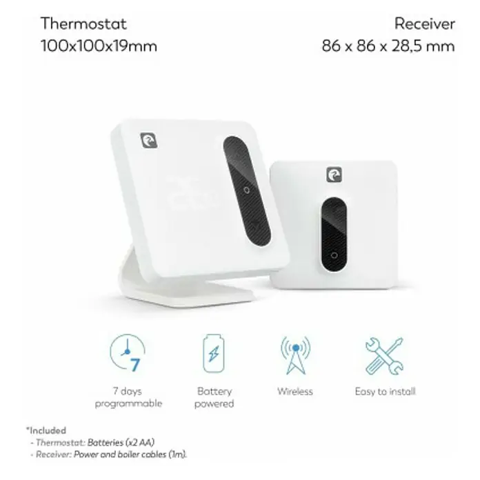Garza Termostato inalámbrico Smart Aspen - Blanco - Conjunto de termostato digital y receptor, dimensiones 100x100x19mm y 86 x 86 x 28,5 mm respectivamente, con funciones programables.