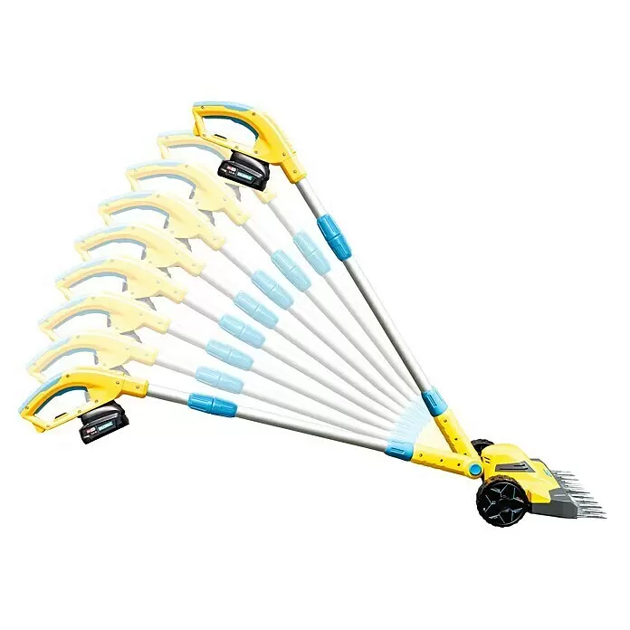 Gloria Power for All 18V Akku-Rasenmäher Grasschere FineCut 18V - 18 V, 1 Akku, Schnittbreite: 25 cm - Gelb-blaue Akku-Gartengerät mit Batterie, in einer fegenden Bewegung dargestellt.