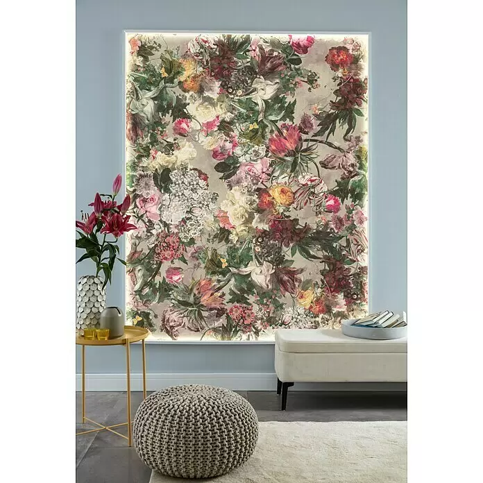 Rasch Vliestapete Blumen - Bunt, Floral, 10,05 x 0,53 m - Großes beleuchtetes Blumenkunstpanel als dekorativer Hintergrund in einem Wohnraum.