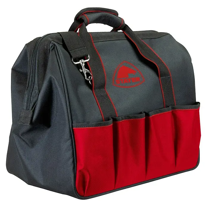 Stayer Taladro atornillador percutor de batería PB L20 1822 PK - 18 V, 2 baterías, 2 Ah, 32 Nm - Se muestra una bolsa de herramientas resistente gris y roja con el logo STAYER, ideal para artesanos para guardar y transportar herramientas.