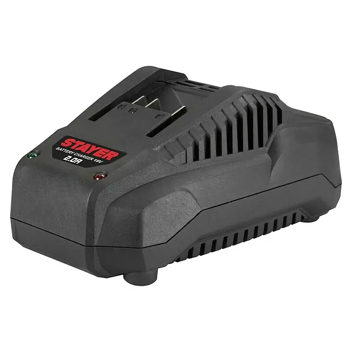 Stayer Taladro atornillador percutor de batería PB L20 1822 PK - 18 V, 2 baterías, 2 Ah, 32 Nm - La imagen muestra un cargador de batería STAYER 18V 2.0A en negro, una herramienta esencial para los usuarios de herramientas eléctricas.