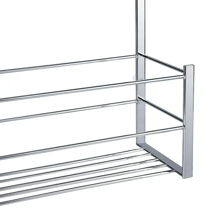 Cesta de baño mampara -  - Primer plano de un estante de cocina cromado con varios niveles, ideal para organizar utensilios y especias.