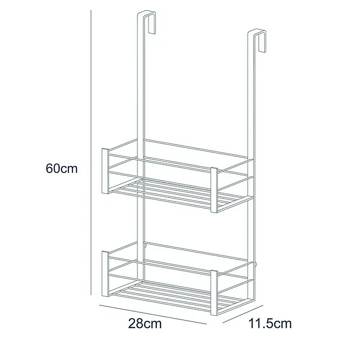 Cesta de baño mampara -  - Ilustración de un estante de cocina colgante de dos niveles, dimensiones 60 cm de alto, 28 cm de ancho y 11,5 cm de profundidad.