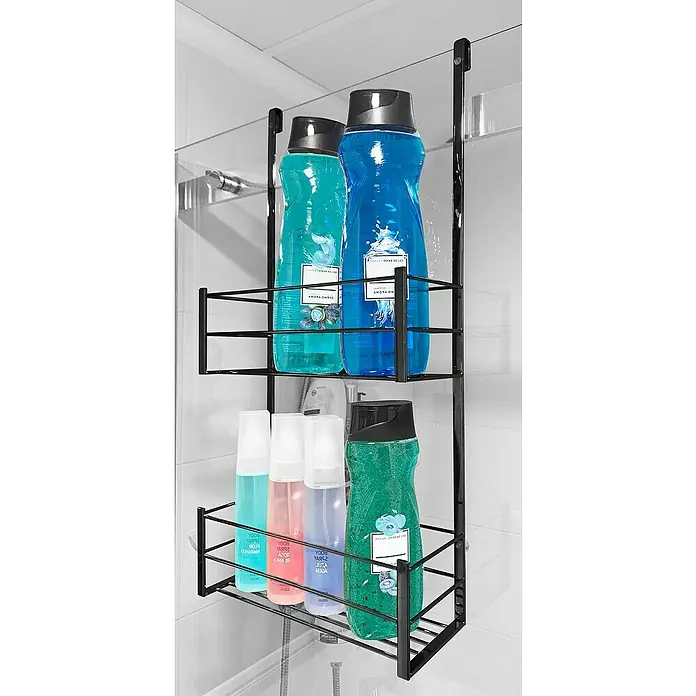 Cesta de baño mampara -  - Cesta de ducha con geles y sprays de ducha de colores variados, que ofrece un almacenamiento práctico en la ducha.