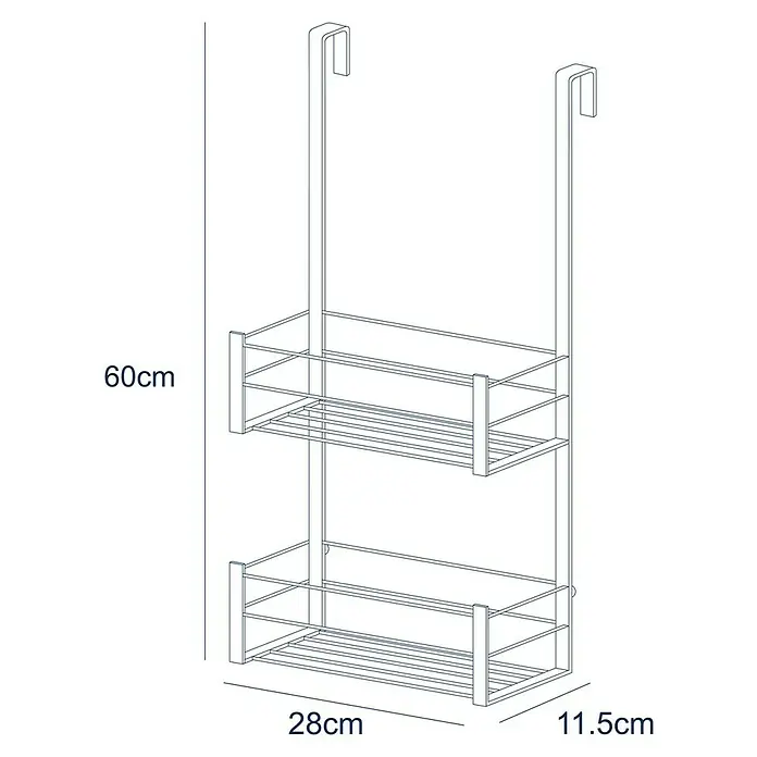 Cesta de baño mampara -  - Ilustración de una cesta colgante de dos niveles con dimensiones de 60cm de altura, 28cm de ancho y 11.5cm de profundidad.