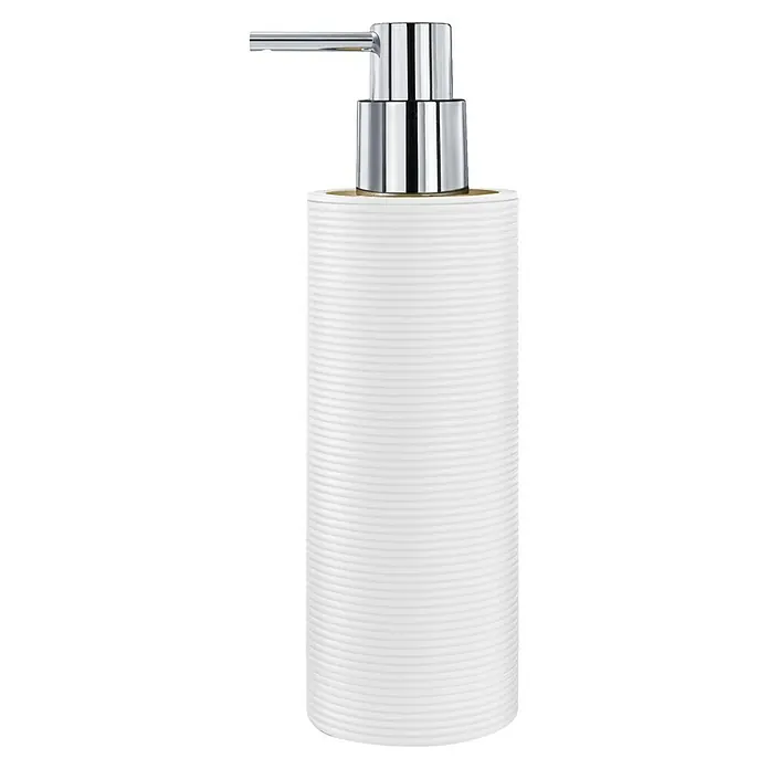 Dispensador de jabón Laos - L x An x Al: 6 x 6 x 20 cm, Plástico, Blanco - Primer plano de un dispensador de jabón blanco con una textura acanalada y un cabezal dispensador cromado brillante.