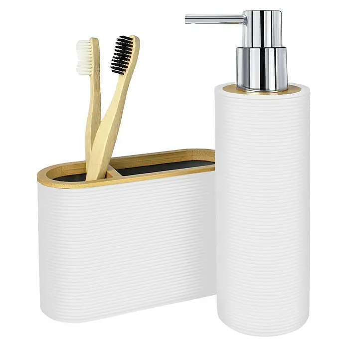 Dispensador de jabón Laos - L x An x Al: 6 x 6 x 20 cm, Plástico, Blanco - Un juego de baño con dispensador de jabón blanco y portacepillos con detalles de bambú. Accesorios elegantes para un baño con estilo.