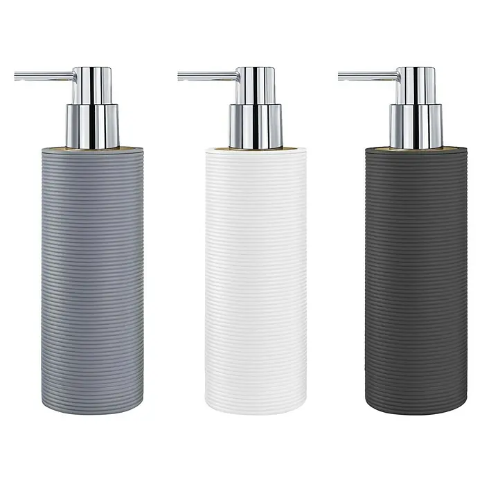 Dispensador de jabón Laos - L x An x Al: 6 x 6 x 20 cm, Plástico, Blanco - Tres dispensadores de jabón en gris, blanco y antracita con diseño acanalado y cabezal de bomba cromado para una decoración elegante del baño.