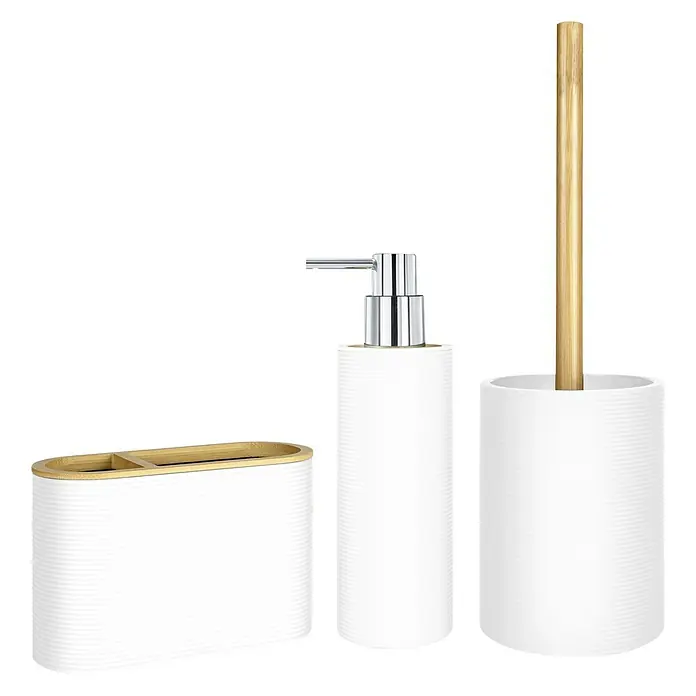 Dispensador de jabón Laos - L x An x Al: 6 x 6 x 20 cm, Plástico, Blanco - Juego de baño con dispensador de jabón, vaso y escobilla de inodoro, blanco con detalles de bambú.