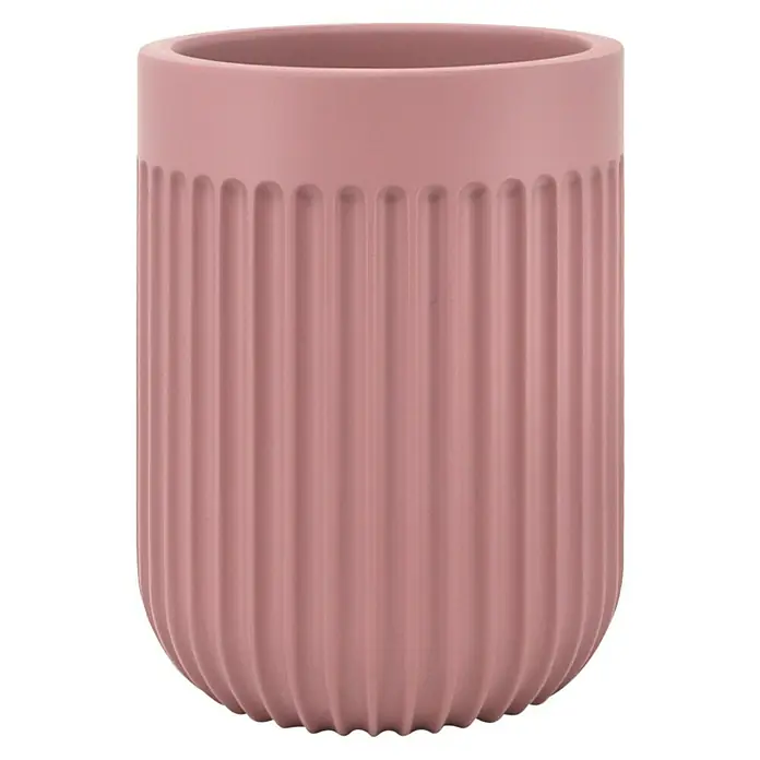 Portacepillos Urban - L x An x Al: 72 x 72 x 97 cm, Plástico, Rosa - Primer plano de una taza de cerámica acanalada rosa.