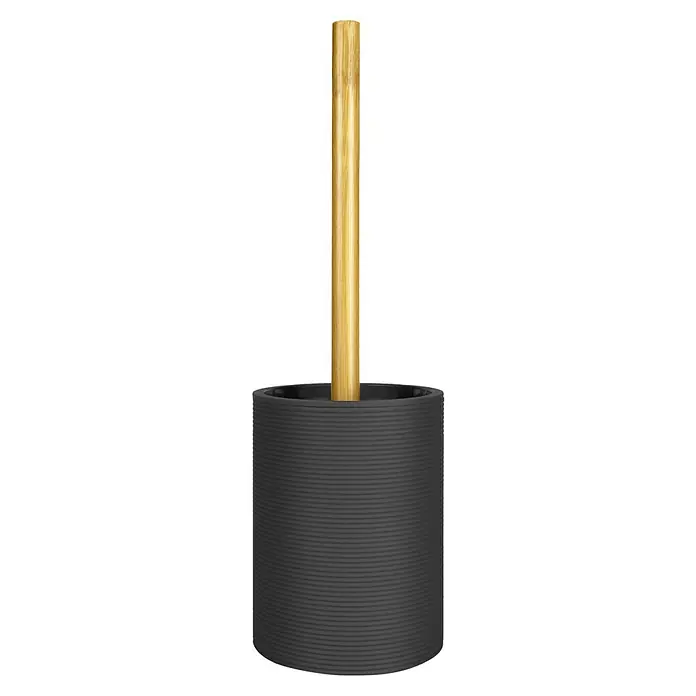 Escobillero de suelo Laos - Plástico, Negro - Soporte de escobilla de baño negro con mango de madera clara. El conjunto es un punto de atracción en cada baño.