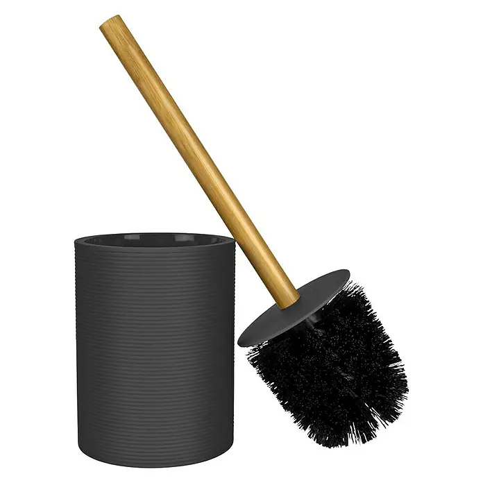 Escobillero de suelo Laos - Plástico, Negro - Elegante juego de escobilla de baño con un recipiente negro y un cepillo con mango de madera, perfecto para cualquier baño.