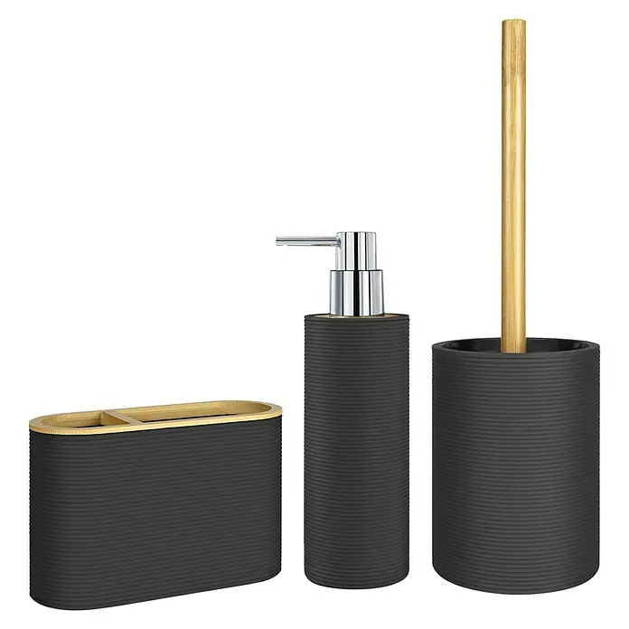 Escobillero de suelo Laos - Plástico, Negro - Juego de accesorios de baño de cuatro piezas en negro y aspecto de bambú, compuesto por dispensador de jabón, portacepillos y juego de váter.
